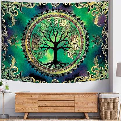 Delur Tree of Life Tapestry Green Nature Bohemian Mandala Spiritual Tapestry Wall Hanging Mystical Landscape Hippie Psychedelic Headboard for Bedroom Living Room Home Decor (70.8" x 92.5")