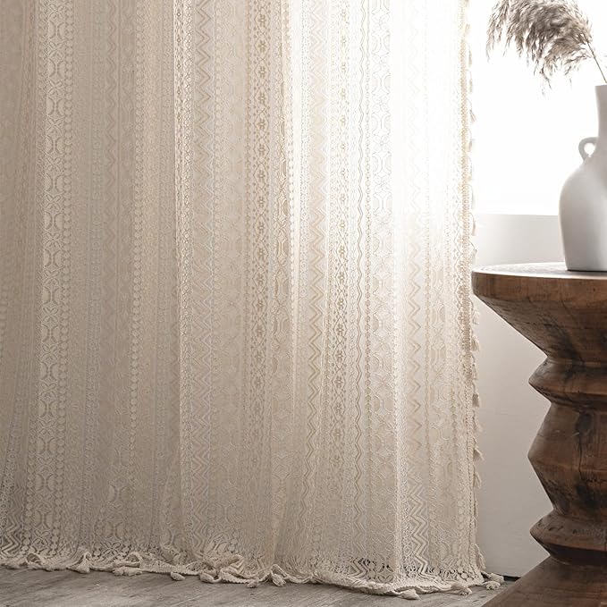 Sutuo Home Crochet Boho Curtain 96 Inches Length, Sheer Lace Handmade Tassels Knitted Window Treatment Vintage Rustic Bohemian Farmhouse Drape for Bedroom Rod Pocket 1 Panel 59" W x 96" L, Beige Wave