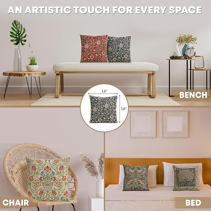 Charlotte Home Furnishings Throw Pillow Covers 16x16 in, Blue Flowers Decorative Couch Pillow Cover, Boho Decor European Tapestry Cushion Cases, Living Room Cozy Home Decor, Jacquard Woven Soft Cotton