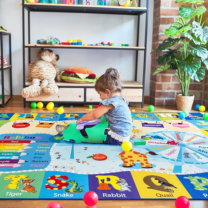 Kids Rugs for Playroom Washable, Educational and Fun Learning Rugs with ABC Alphabet Animals Shapes, Baby Toddler Children's Play Mat for Bedroom Classroom Nursery, 3x5 Feet, Blue