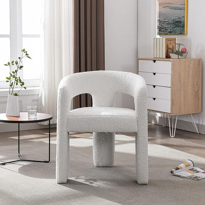 White Boucle Dining Chairs Set of 6, Modern Barrel Dining Room Chairs Upholstered Faux Fur Accent Chair with Arms and Round Back for Living Room Kitchen Armchair No Assembly Needed