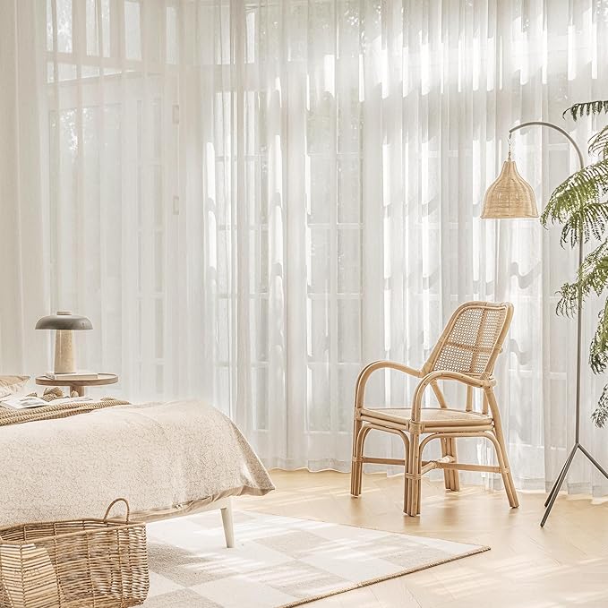FMFUNCTEX Linen Sheer Pinch Pleated Curtains for Living Room, Linen Flax Beige 90 Inches Long Sheer Curtain See Through Panels for Bedroom, Natural Window Drapes for Farmhouse, Back Tab 2 Panels