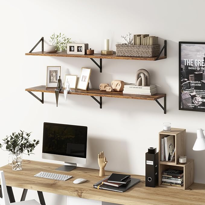 Floating Shelves 48 Inch Long, 10" Deep Floating Shelves, Wall Shelves 48 x 10, Set of 2, Wide Large Display Storage Shelves for Bathroom, Living Room, Rustic Wood Shelves with Brackets, Rustic Brown