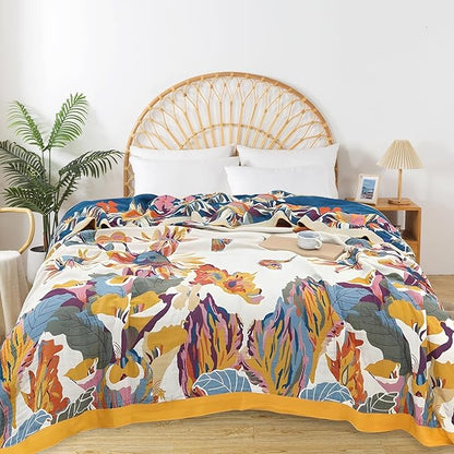 Boho Throw Blanket for Bed - 100% Pure Organic Cotton Ultra Soft Rustic Quilt - Farmhouse Decor Bed Blankets, All Season Rustic Throw for Sofa Couch Chair(91''x 98'', Floral)