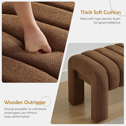 63" Bedroom Bench, Upholstered Entryway Bench, Modern End of Bed Ottoman with Solid Wood Legs and Adjustable Foot Pegs for Entryway, Dining Room and Living Room (Brown Boucle)