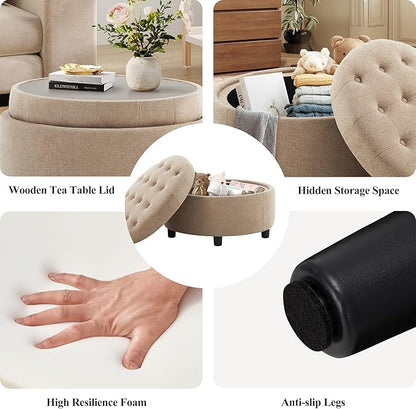 COLAMY Fabric Round Storage Ottoman with Reversible Tray Lid – Multi-Functional Footrest, Hidden Storage, Sturdy & Stylish Small Coffee Table for Living Room, Bedroom, or Entryway(Camel)