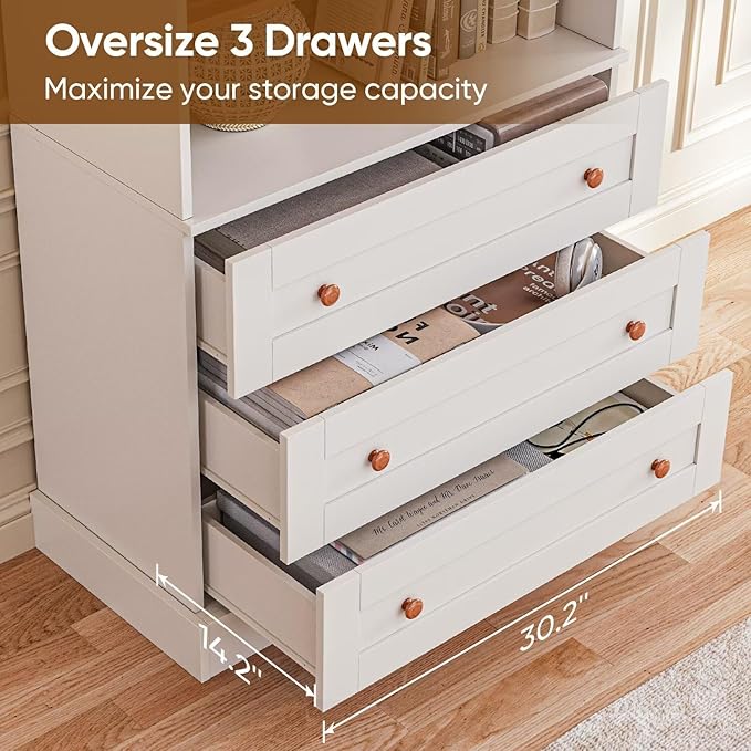 Vyre 71" Tall Farmhouse Bookshelves with Drawers, Large Modular Bookcase with Adjustable Shelves, Storage Cabinet for Living Room, Kitchen, Home Office, White