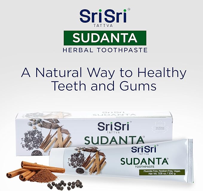 Sri Sri Tattva Sudanta Herbal Toothpaste for Oral Care Protection - Fluoride Free Ayurvedic Toothpaste to Strengthen Teeth and Gums Without Causing Sensitivity - All Natural (200g) Pack of 2
