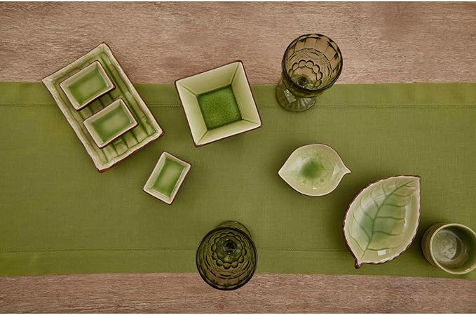 Solino Home Linen Table Runner 120 Inches Long - 100% Pure Linen Avocado Green Table Runner 14 x 120 Inch for Fall, Autumn, Thanksgiving - Classic Hemstitch