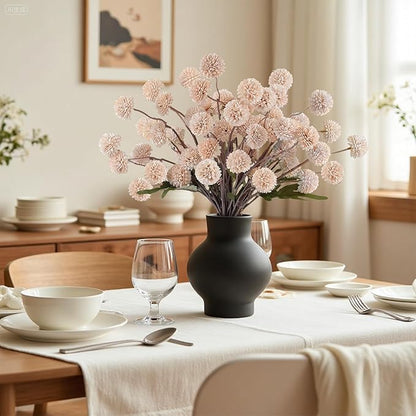 Faux Beige Kiku Flowers 10 Stems & 2 Eucalyptus, Fake Mums Pompon Flower Ball, Autumn Artificial Chrysanthemums Flowers for Boho Bedroom Decor, Silk Mini Faux Kiku Flower Wedding Arrangements Decor
