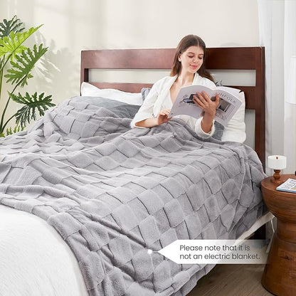 Cozy Bliss Checkered Large Faux Rabbit Fur Grey Twin Bed Blanket, Soft Fuzzy Fluffy Minky Furry Blankets for Couch, Bed, Adults (60 * 80 Inches Light Grey)
