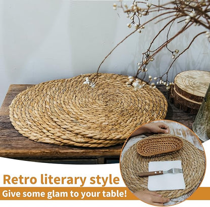 Defined Deco Woven Placemats Set of 10,13.5" Round Rattan Placemats,Farmhouse Weave Rustic Braided Wicker Table Mats for Dining Table Home Wedding