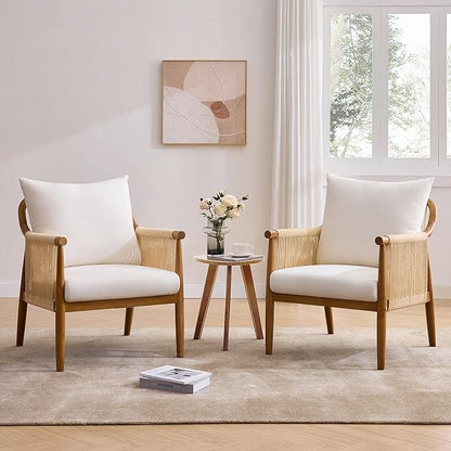 Braid Accent Chair for Living Room Bedroom Reading Room, Rattan Modern Boho Armchair with Solid Wooden Armrest & Frame and Cushions