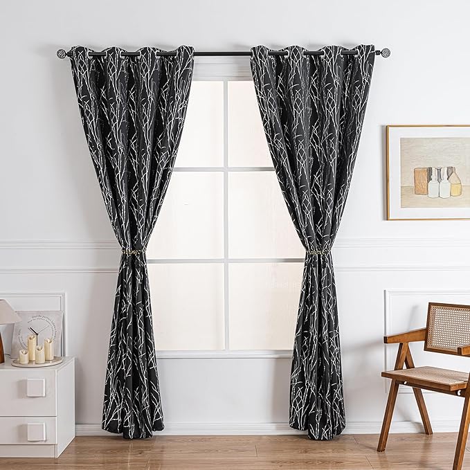 Grommets Blackout Long Window Curtains Black Silver-52W*84L 2PCS Drapes for Bedroom