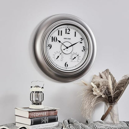 Andy Star 21 Inch Silver Illuminated Outdoor Wall Clock Waterproof with Thermometer and Hygrometer, Oversized Battery Operated Round Wall Clock, Big Silent Non Ticking Clock for Patio Pool Garden
