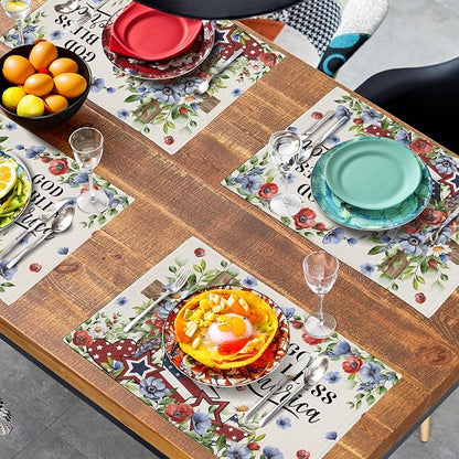 4th of July Placemats Set of 4 Patriotic Floral Cross Stars Independence Memorial Day Place Mats 12x18 Inch God Bless America Linen Fabric Table Mats for Party Kitchen Dining Decoration