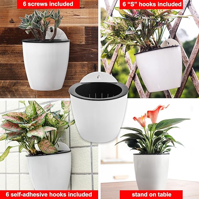 ORIMERC 6 Pack White Self Watering Planter Pots Vertical Living Wall Planter Indoor Outdoor Plant Wall Flower Basket Kitchen Herbs Railing Fence Trellis Decor (Small)