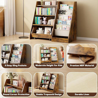 COZPAW Kids Bookshelf and Toy Storage, 4 Tier Toddler Bookshelf with Movable Drawer 5 Sling Pockets, Montessori Book Shelf for Kids Room, Playroom, Nursery (Brown)