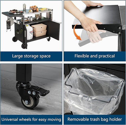 JY QAQA Outdoor Grill Cart with Storage,Patio Kitchen Island Outdoor Grill Table with Wheels,BBQ Cart Movable Pizza Oven Table Stand, Storage Cabinet, Foldable Tabletop, Black
