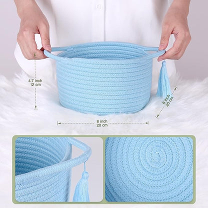Empty Gift Basket – SweetMemo Mini Woven Rope Organizer Baskets for Gifting, Baby Shower, Desk, Makeup Brushes, Bathroom, Shelves – Small Decorative Storage Bin with Gift Bag & Ribbon – Soft Blue
