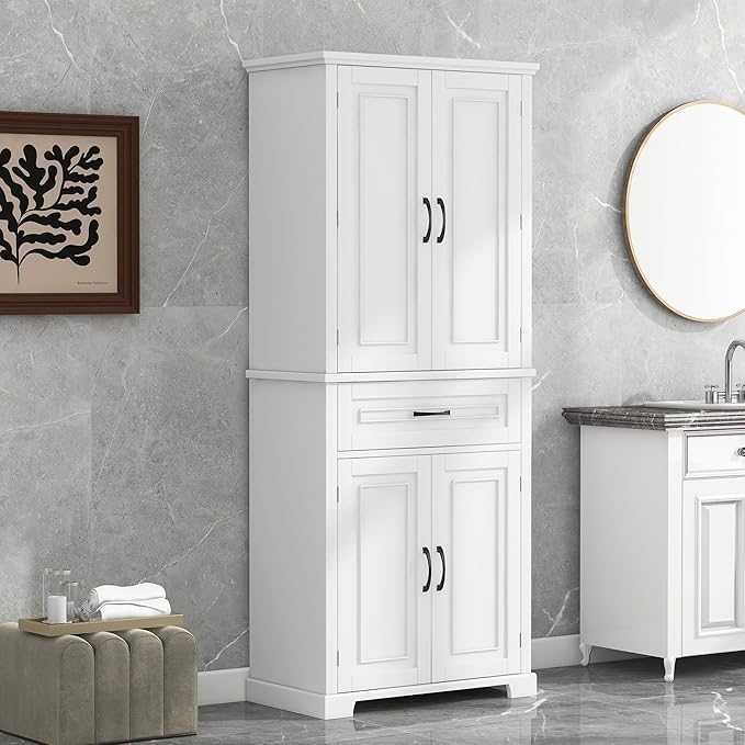 72.2" Tall Storage Cabinet with 4 Doors and Drawer, Freestanding Linen Cabinet, Wooden Pantry with Adjustable Shelf for Kitchen, Bathroom, Living Room White