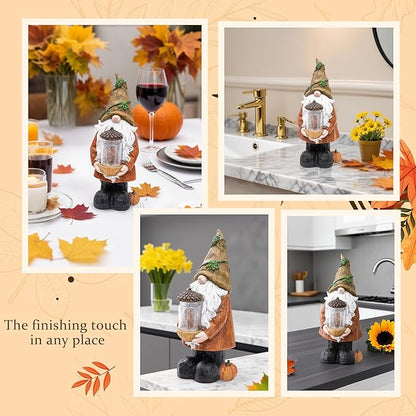 Topadorn Fall Garden Gnome Statue Light, Autumn Harvest Gnome Figurine with Pine Cone on Hand for Fall Harvest Party Thanks, Autumn Thanksgving Gifts for Famliy