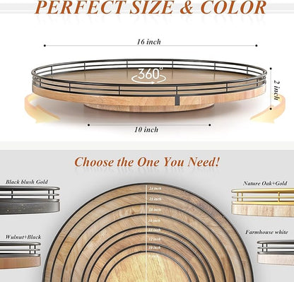 16" Lazy Susan Oak Wood Turntable Organizer for Cabinet, Farmhouse Round Wooden Large Lazy Susan Organization and Storage for Dining Table, Pantry, Kitchen, Bathroom, Countertop, Cupboard, Home Decor