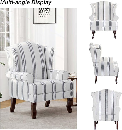 Accent Chair, High Back Upholstered Armchair with High Resilience Sponge & Wood Legs, Mid-Century Modern Comfy Single Sofa Reading Chairs for Living Room, Bedroom (Stripe Navy, Set of 1)