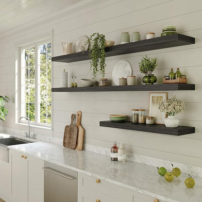 Large Floating Shelves for Wall Set of 3 Wooden Wall Shelves 24 in x 12.75 in x 2 in Room Decor Long Shelf with Invisible Wall Mount Bracket for Bedroom Kitchen Living Room Black Wood