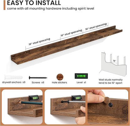 Fun Memories Picture Ledge Shelves Set of 2, 55 Inch Rustic Wall Mounted Floating Shelves with Lip for Home Storage and Décor in Bathroom, Kitchen, Nursery, Bedroom, Living Room, Brown