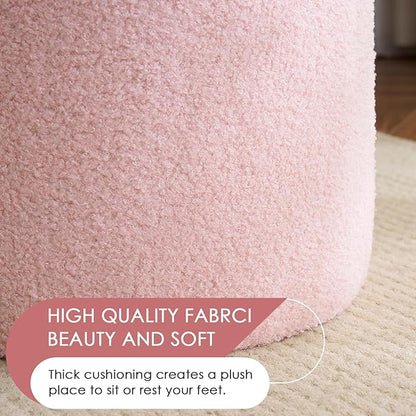 YFO Round Ottoman with Removable Lid Upholstered, Multifunctional Vanity Chairs for Makeup, Soft Footrest Stool Ottoman Foot Stool for Living Room, Bedroom, Boucle, Pink