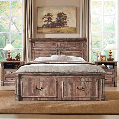 26" Tall Farmhouse Nightstand Set of 2, 2 Drawers End Table w/Charging Station, 23.6" Wide Large Side Table w/Roman Column, Wood Rustic Sofa Table w/Open Shelf, Bedside Table for Bedroom, Light Brown