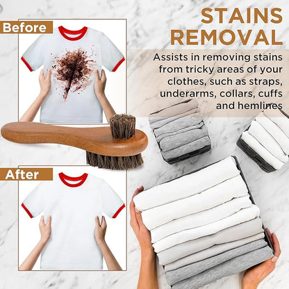 DUGATO Dual-Bristle Horsehair Laundry Stain Brush Set (2pcs) - Gentle & Tough Scrubbing for Clothes, Fabrics, Shoes - Pre-Wash Spot Treatment Tool