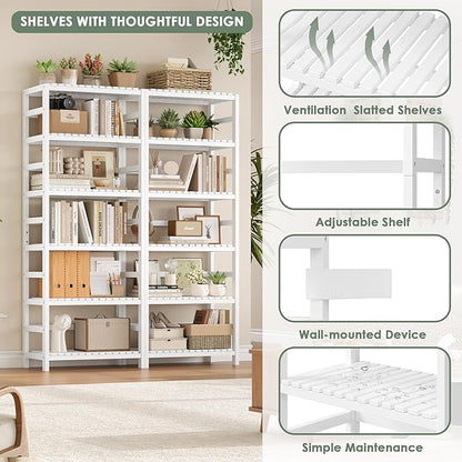 FOTOSOK 6-Tier Bamboo Shelf Set of 2, Bamboo Bookcase with Adjustable Shelves, Free Standing Storage Shelf Unit Plant Flower Stand, Tall Large White Bookshelf for Kitchen, Bathroom, Home Office, White