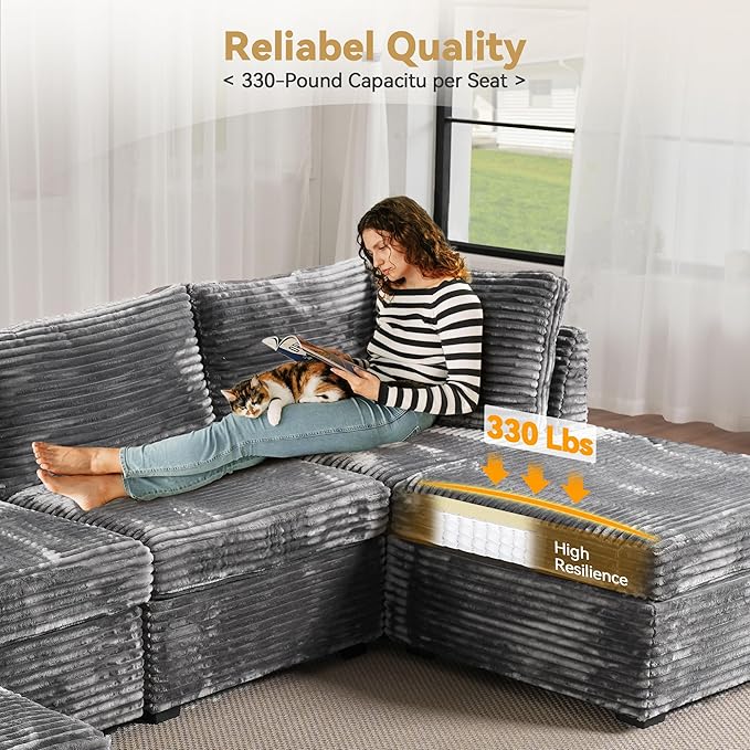 Modular Sectional Sofa with Chaise U Shaped Sectional Couch for Living Room, 8-Seater Comfy Cloud Couches, Plush Corduroy, Gray