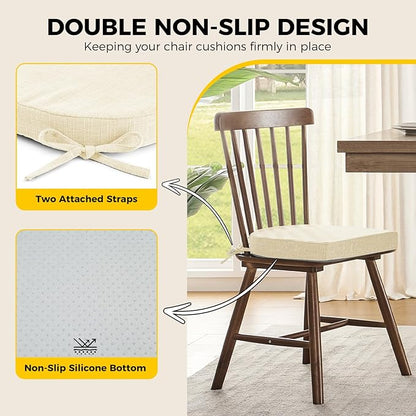 downluxe Indoor Chair Cushions for Dining Chairs, Soft and Comfortable Textured Foam Kitchen Chair Pads with Ties and Non-Slip Backing, 16" x 16" x 2", Beige, 4 Pack