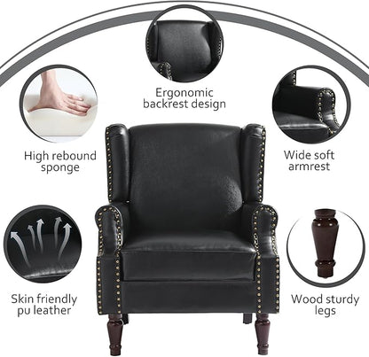 Accent Chairs, Faux Leather High Back Armchair Set of 2 or Living Room, Comfy Upholstered Single Sofa Reading Chairs with Solid Wood Legs for Office, Bedroom, Waiting Room-Black