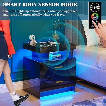 Night Stand with Light, High Gloss Nightstand with USB/Wireless Charging Station, LED Black Nightstands with Storage Drawers, RGB Side End Table for Bedroom Furniture（Black）