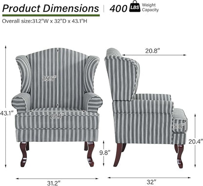 Accent Chair, High Back Upholstered Armchair with High Resilience Sponge & Wood Legs, Mid-Century Modern Comfy Single Sofa Reading Chairs for Living Room, Bedroom (Stripe Grey, Set of 2)