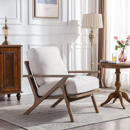 Wahson Mid Century Chair, Upholstered Accent Armchair, with Wood Frame and Removable Linen Cushions, Leisure Slipper Chair for Living Room/Bedroom, Cream