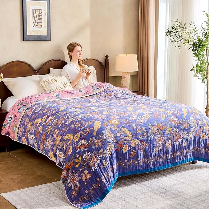 Boho Blanket, 100% Cotton Farmhouse Decorative Throw Blanket, 80"x90" Reversible Bohemian Throw Blanket, Purple All Season Muslin Breathable Woven Blankets Quilt