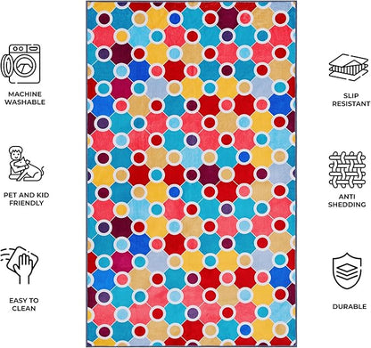 Machine Washable Polka Dot Rug for Kids Area - Multicolor Soft Rug for Nursery/Playroom/Classroom - 5x8