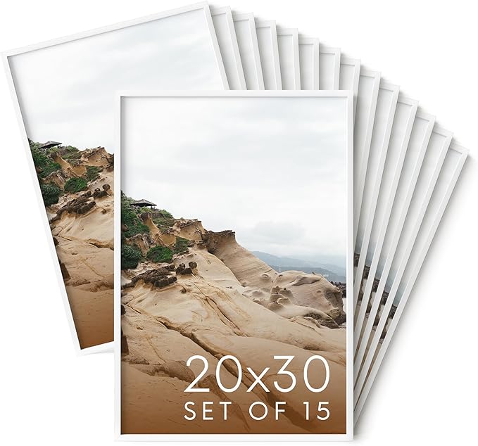 HAUS AND HUES 20x30 White Metal Picture Frames - Features Premium Aluminum, Vertical & Horizontal Hang, Shatterproof Plexiglass - Perfect for Home, Room, Office (20x30 in, White, Set of 15)