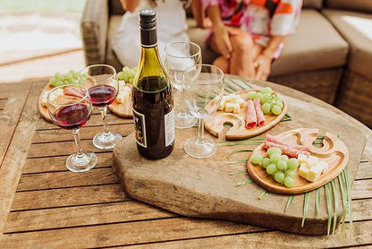 PICNIC TIME TOSCANA -Wine Appetizer Plates, Cocktail Plate with Glass Holder, Cheese Board with Wine Holder, (Acacia Wood), 9 x 6, Set of 4