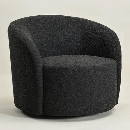 KINWELL Sherpa Swivel Barrel Chair & Round Ball Pillow Set - 34" Wide Modern Boucle Accent Chair with 9” Matching Nordic Decorative Throw Pillow for Living Room and Bedroom(Black)
