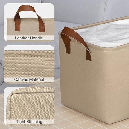KEEGH Storage Baskets for Organizing, Fabric Storage Bins for Shelves with Leather Handle, Shelf Baskets for Closet Organization, 15" L x 11" W x 10" H, Brown, 4 Pack