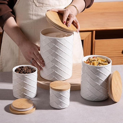 Sweejar Ceramic Canisters Sets for Kitchen Countertop, Relief Food Storage Jar with Bamboo Lid, Stackable Container for Flour, Coffee, Pasta, Cereal, Tea, Cookies, Sugar, Spices, Pack of 4 (White)