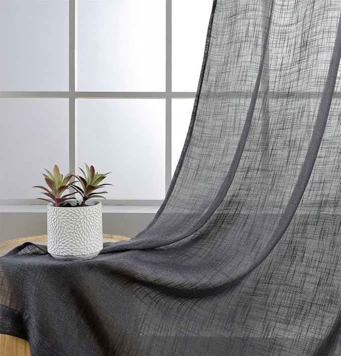 MIUCO Semi Sheer Curtains Poly Linen Textured Solid Grommet Curtains 63 Inches Long for Living Room 2 Panels (2 x 37 Wide x 63" Long) Charcoal Grey