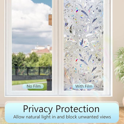 HIDBEA Window Privacy Film, 3D Stained Glass Static Cling - Sun Blocking Anti-UV Heat Control, Reusable Decorative Film for Home/Office Doors, Rainbow Tulip Design (35.4 in x 78.7 in)