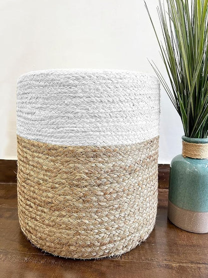 Jute Pouf Ottoman | Footrest Pouf | Hand Braided - Round Boho Pouffe - for Living Room, Bedroom, Nursery (16"x16"x16") Ivory